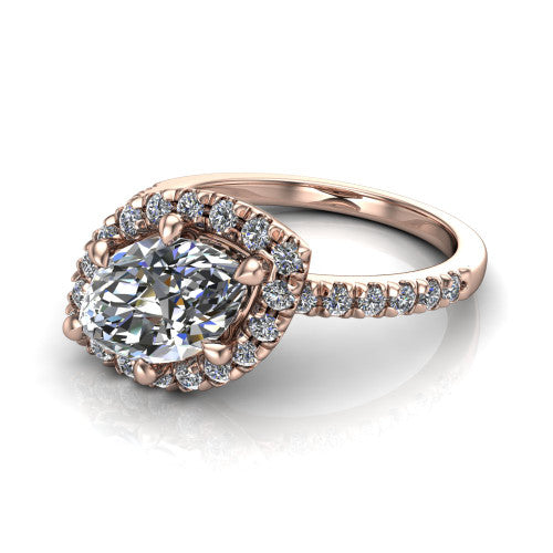 Aspen marquise halo engagement ring in 14K Rose Gold with squared pavé halo and pavé band, three-quarter perspective view