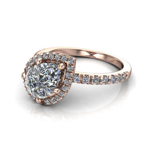 Aspen pear halo engagement ring in 14K Rose Gold with squared pavé halo and pavé band, three-quarter perspective view