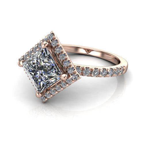 Aspen princess halo engagement ring in 14K Rose Gold with squared pavé halo and pavé band, three-quarter perspective view