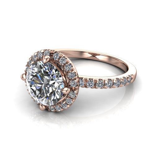 Aspen round halo engagement ring in 14K Rose Gold with squared pavé halo and pavé band, three-quarter perspective view