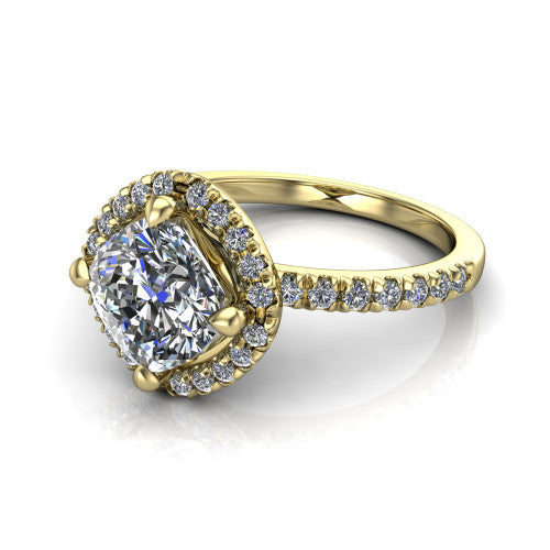 Aspen cushion halo engagement ring in 14K Yellow Gold with squared pavé halo and pavé band, three-quarter perspective view