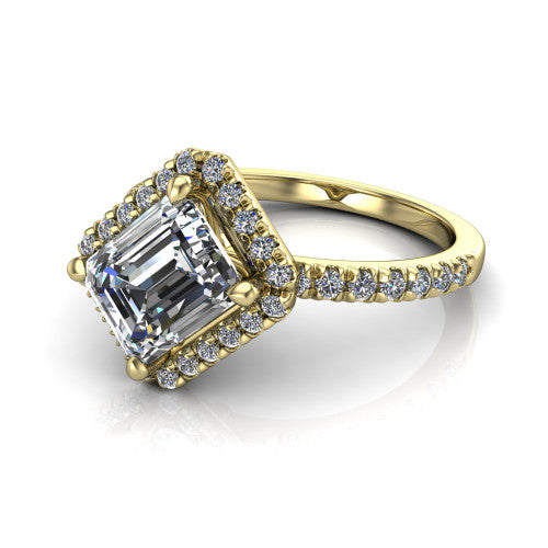 Aspen emerald halo engagement ring in 14K Yellow Gold with squared pavé halo and pavé band, three-quarter perspective view