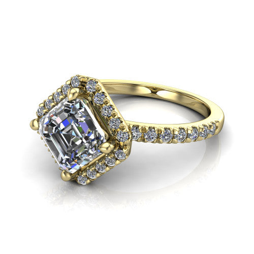 Aspen asscher halo engagement ring in 14K Yellow Gold with squared pavé halo and pavé band, three-quarter perspective view