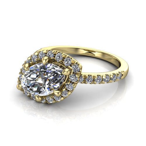 Aspen marquise halo engagement ring in 14K Yellow Gold with squared pavé halo and pavé band, three-quarter perspective view