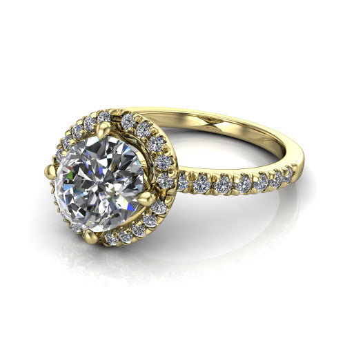 Aspen oval halo engagement ring in 18K Yellow Gold with squared pavé halo and pavé band, three-quarter perspective view