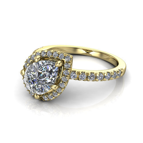 Aspen pear halo engagement ring in 14K Yellow Gold with squared pavé halo and pavé band, three-quarter perspective view