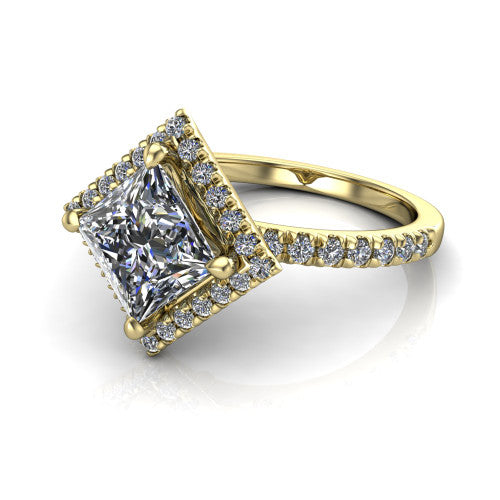 Aspen princess halo engagement ring in 14K Yellow Gold with squared pavé halo and pavé band, three-quarter perspective view