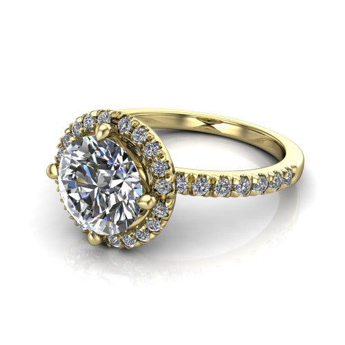 Aspen round halo engagement ring in 18K Yellow Gold with squared pavé halo and pavé band, three-quarter perspective view