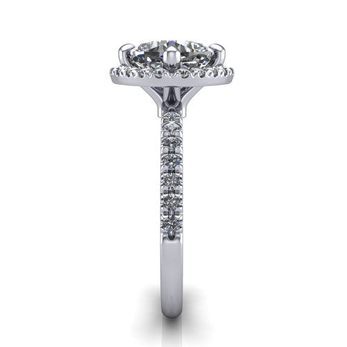 Aspen cushion halo engagement ring in 14K White Gold with squared pavé halo and pavé band, side profile showing the pavé band and open under-gallery