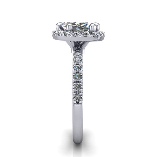 Aspen marquise halo engagement ring in 18K White Gold with squared pavé halo and pavé band, side profile showing the pavé band and open under-gallery
