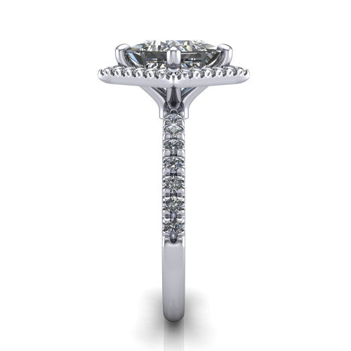 Aspen princess halo engagement ring in Platinum with squared pavé halo and pavé band, side profile showing the pavé band and open under-gallery