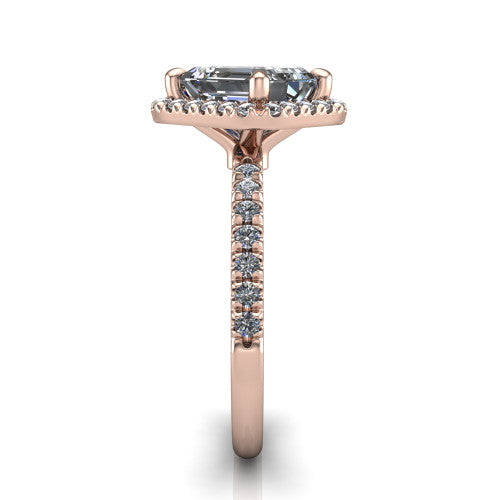 Aspen emerald halo engagement ring in 14K Rose Gold with squared pavé halo and pavé band, side profile showing the pavé band and open under-gallery