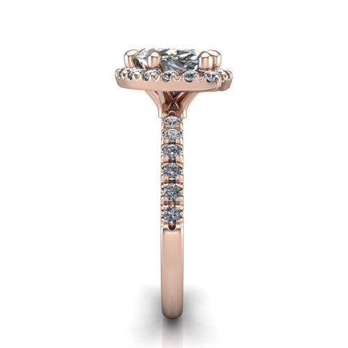 Aspen marquise halo engagement ring in 14K Rose Gold with squared pavé halo and pavé band, side profile showing the pavé band and open under-gallery