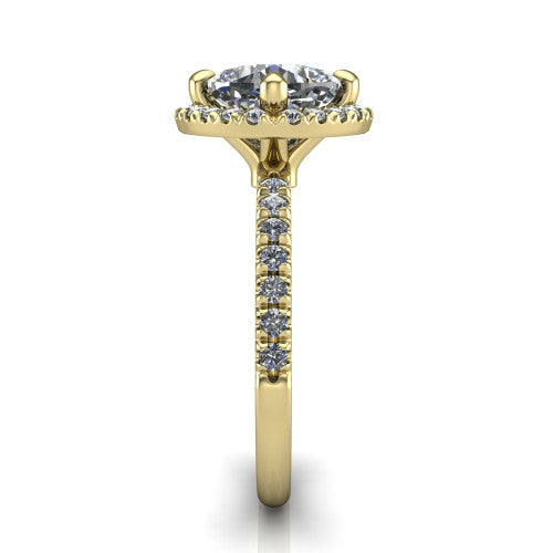 Aspen cushion halo engagement ring in 14K Yellow Gold with squared pavé halo and pavé band, side profile showing the pavé band and open under-gallery