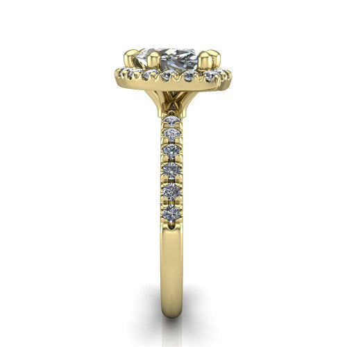 Aspen marquise halo engagement ring in 18K Yellow Gold with squared pavé halo and pavé band, side profile showing the pavé band and open under-gallery