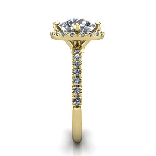Aspen round halo engagement ring in 18K Yellow Gold with squared pavé halo and pavé band, side profile showing the pavé band and open under-gallery