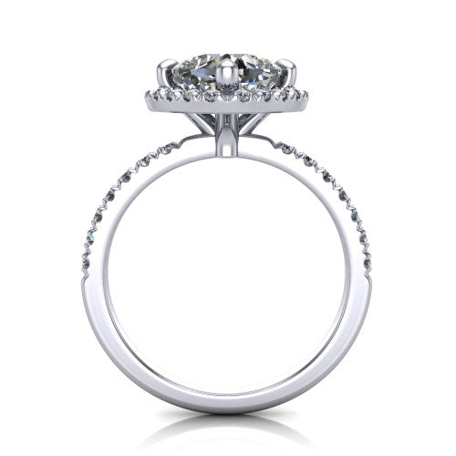 Aspen cushion halo engagement ring in 18K White Gold with squared pavé halo and pavé band, through-finger front profile