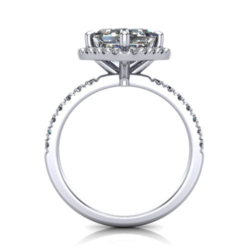 Aspen asscher halo engagement ring in 18K White Gold with squared pavé halo and pavé band, through-finger front profile