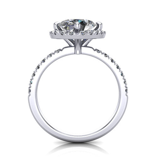 Aspen oval halo engagement ring in 18K White Gold with squared pavé halo and pavé band, through-finger front profile