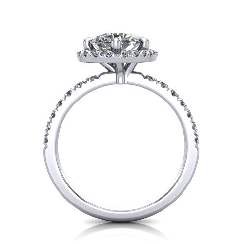 Aspen pear halo engagement ring in Platinum with squared pavé halo and pavé band, through-finger front profile