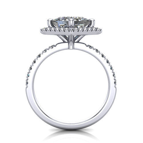 Aspen princess halo engagement ring in 18K White Gold with squared pavé halo and pavé band, through-finger front profile