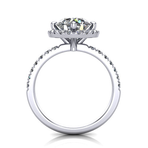 Aspen round halo engagement ring in Platinum with squared pavé halo and pavé band, through-finger front profile