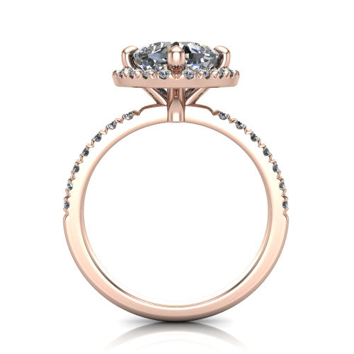 Aspen cushion halo engagement ring in 18K Rose Gold with squared pavé halo and pavé band, through-finger front profile