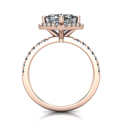 Aspen asscher halo engagement ring in 18K Rose Gold with squared pavé halo and pavé band, through-finger front profile
