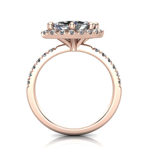 Aspen marquise halo engagement ring in 14K Rose Gold with squared pavé halo and pavé band, through-finger front profile