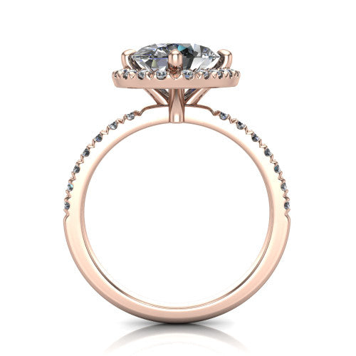 Aspen oval halo engagement ring in 14K Rose Gold with squared pavé halo and pavé band, through-finger front profile