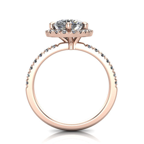 Aspen pear halo engagement ring in 18K Rose Gold with squared pavé halo and pavé band, through-finger front profile