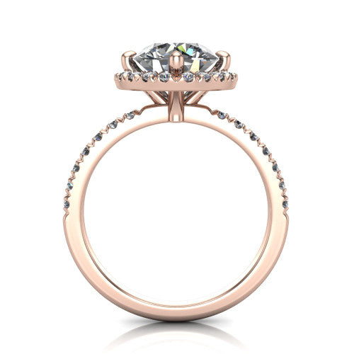 Aspen round halo engagement ring in 18K Rose Gold with squared pavé halo and pavé band, through-finger front profile