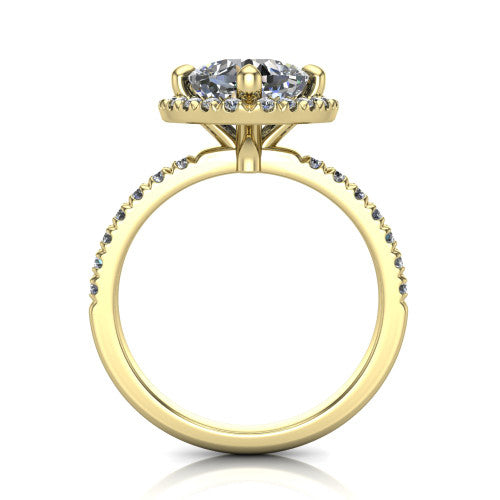 Aspen cushion halo engagement ring in 18K Yellow Gold with squared pavé halo and pavé band, through-finger front profile