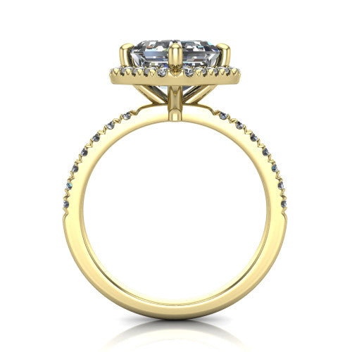Aspen asscher halo engagement ring in 14K Yellow Gold with squared pavé halo and pavé band, through-finger front profile