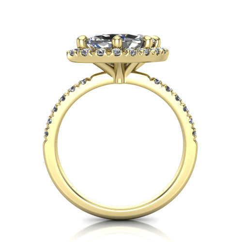 Aspen marquise halo engagement ring in 14K Yellow Gold with squared pavé halo and pavé band, through-finger front profile