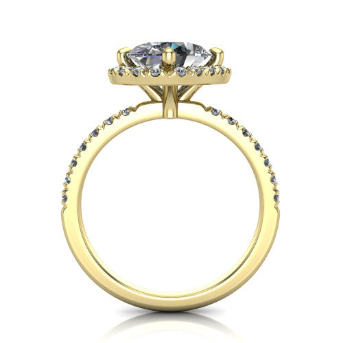 Aspen oval halo engagement ring in 14K Yellow Gold with squared pavé halo and pavé band, through-finger front profile