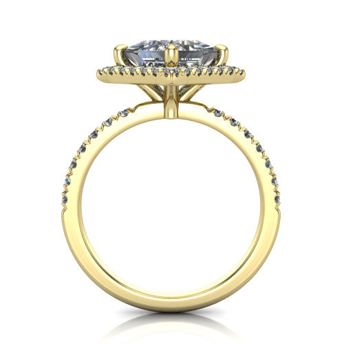 Aspen princess halo engagement ring in 18K Yellow Gold with squared pavé halo and pavé band, through-finger front profile
