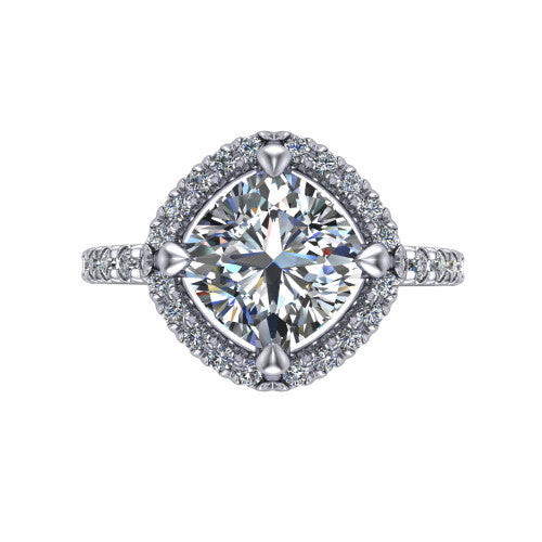 Aspen cushion halo engagement ring in 18K White Gold with squared pavé halo and pavé band, top-down view of the squared pavé halo set on point