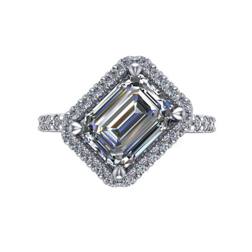 Aspen emerald halo engagement ring in 14K White Gold with squared pavé halo and pavé band, top-down view of the squared pavé halo set on point