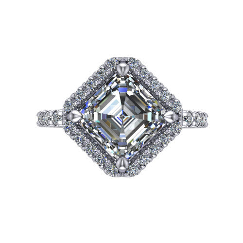 Aspen asscher halo engagement ring in 18K White Gold with squared pavé halo and pavé band, top-down view of the squared pavé halo set on point