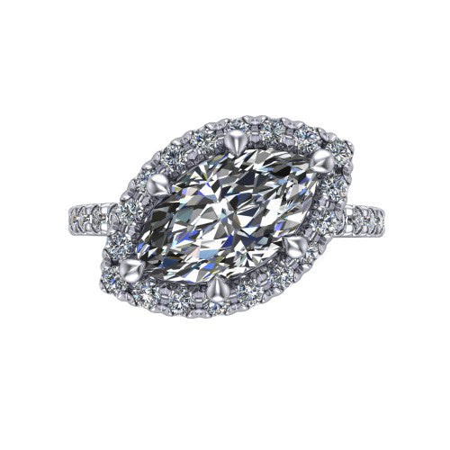 Aspen marquise halo engagement ring in 14K White Gold with squared pavé halo and pavé band, top-down view of the squared pavé halo set on point