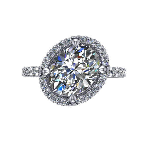 Aspen oval halo engagement ring in Platinum with squared pavé halo and pavé band, top-down view of the squared pavé halo set on point