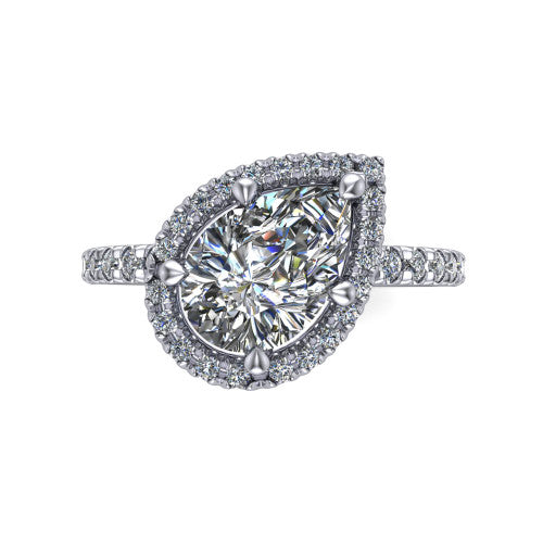 Aspen pear halo engagement ring in 14K White Gold with squared pavé halo and pavé band, top-down view of the squared pavé halo set on point