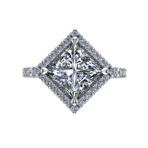 Aspen princess halo engagement ring in Platinum with squared pavé halo and pavé band, top-down view of the squared pavé halo set on point