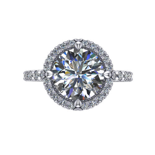 Aspen round halo engagement ring in 14K White Gold with squared pavé halo and pavé band, top-down view of the squared pavé halo set on point