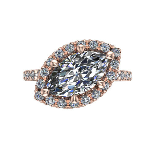 Aspen marquise halo engagement ring in 14K Rose Gold with squared pavé halo and pavé band, top-down view of the squared pavé halo set on point