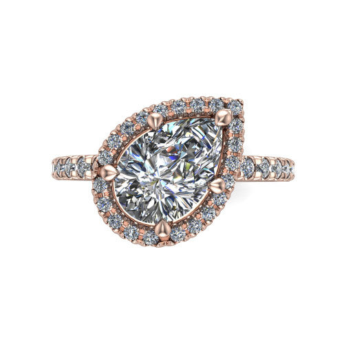 Aspen pear halo engagement ring in 14K Rose Gold with squared pavé halo and pavé band, top-down view of the squared pavé halo set on point