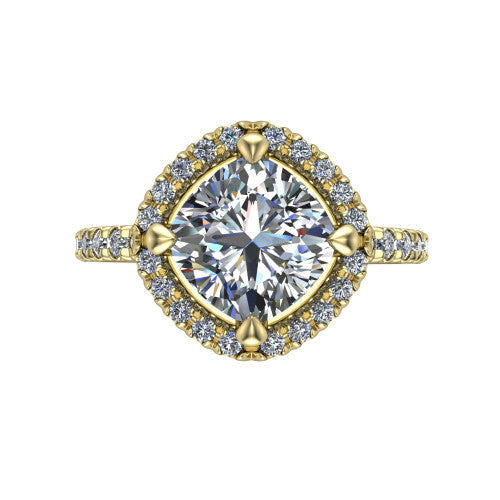 Aspen cushion halo engagement ring in 14K Yellow Gold with squared pavé halo and pavé band, top-down view of the squared pavé halo set on point