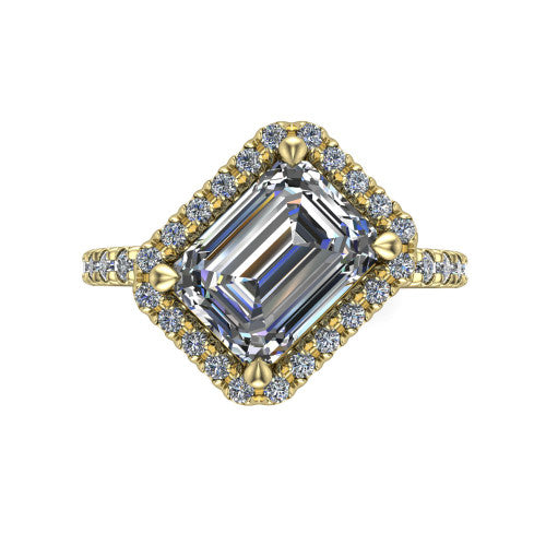 Aspen emerald halo engagement ring in 18K Yellow Gold with squared pavé halo and pavé band, top-down view of the squared pavé halo set on point