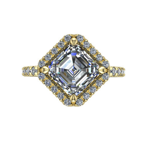Aspen asscher halo engagement ring in 18K Yellow Gold with squared pavé halo and pavé band, top-down view of the squared pavé halo set on point